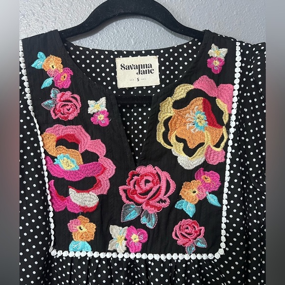 Savanna Jane Womens Sz S Embroidered Top Black Polka Dot Pink Floral Boho EUC - Picture 3 of 4